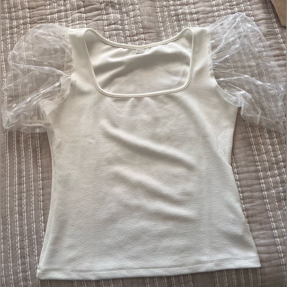 Women's Sheer Dobby Mesh Puff Sleeve Square Neck Top
